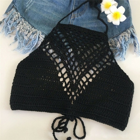 Boho Handmade Black Crochet Halter Crop Top - Picture 1 of 4